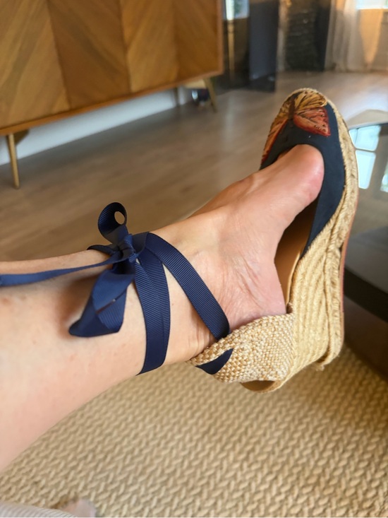 Christian Louboutin Shoes - Christian Louboutin Navy Ribbon Espadrille Wedge with Embroidered Toe